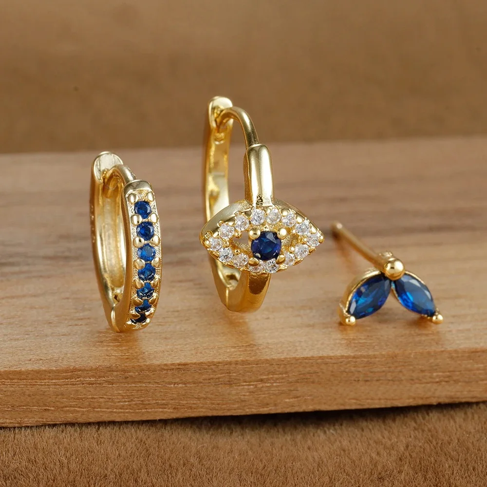 3pcs Blue Zircon Evil Eye Hoop Earrings Set For Women Stainless Steel 18K Gold Plated Cartilage Piercing Earring Fashion Jewelry