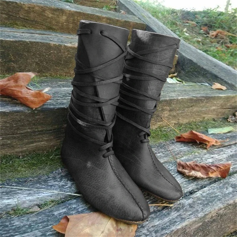 القرون الوسطى القوطية Steampunk زي الرجال فارس الأحذية فايكنغ بولي Leather جلد المحارب المرأة تأثيري أحذية كرنفال أحذية الحفلات الدعائم