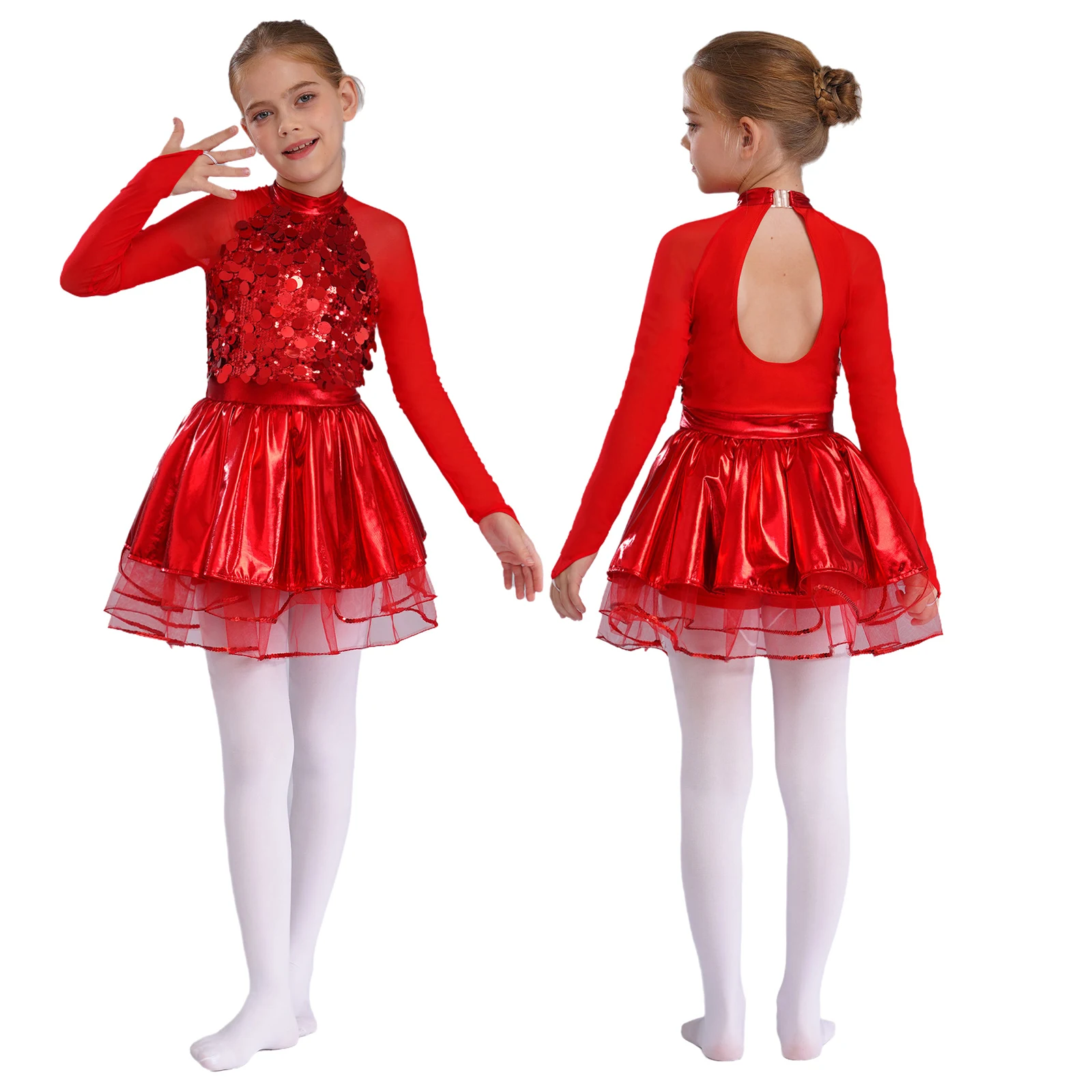 Kids Girls Jazz Ballet Dance Tutu Dress Sheer Mesh Long Sleeves Shiny Sequins Dresses Gymnastics Leotard School Party Dancewear