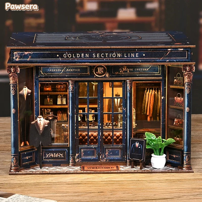 Pawsera DIY Wooden House Figurines Miniature Kits NEW Retro Golden Section Line Home Decoration For Adult Handmade Gifts