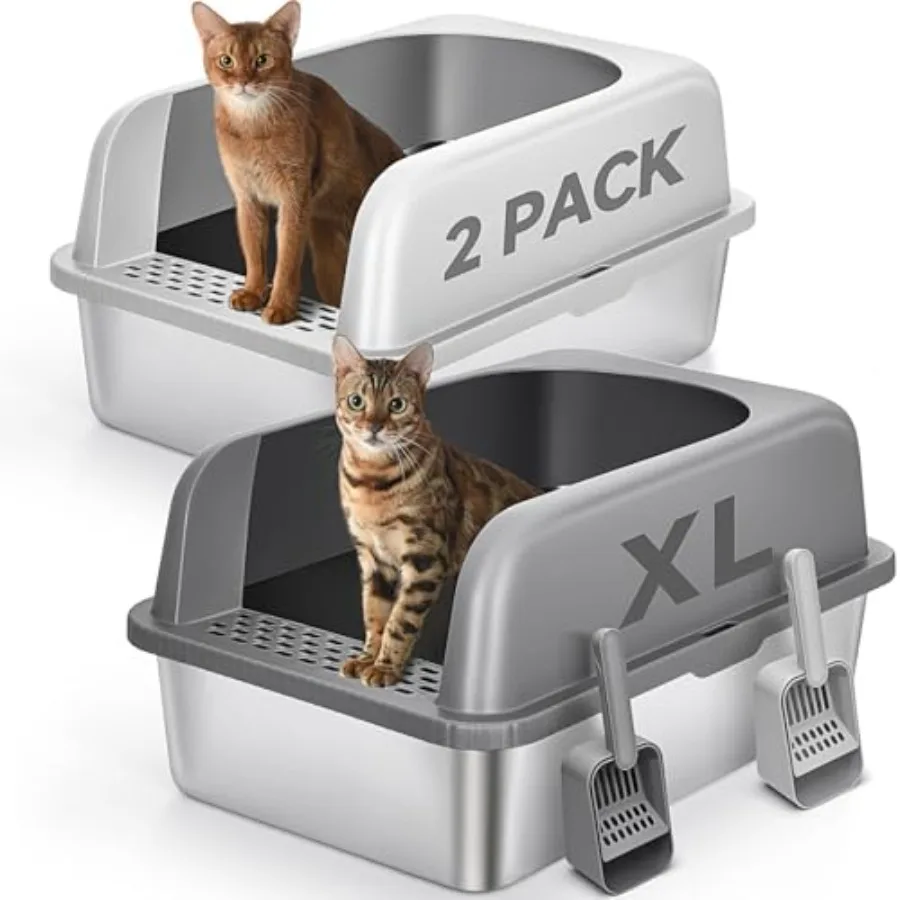 

2 Pack Stainless Steel Cat Litter Box with Lid, XL Extra Large Metal Box for Big Cats, 24" L x 16" W x 12" H, Enclosed Litter B