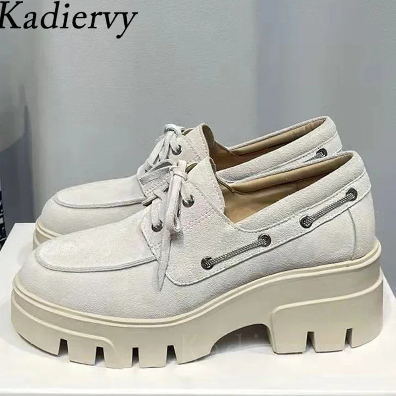 New Flat Platform Shoes Women Round Toe Lace Up Fringe British Style Shoes Woman Cow Suede Thick Sole Casual Shoes Women