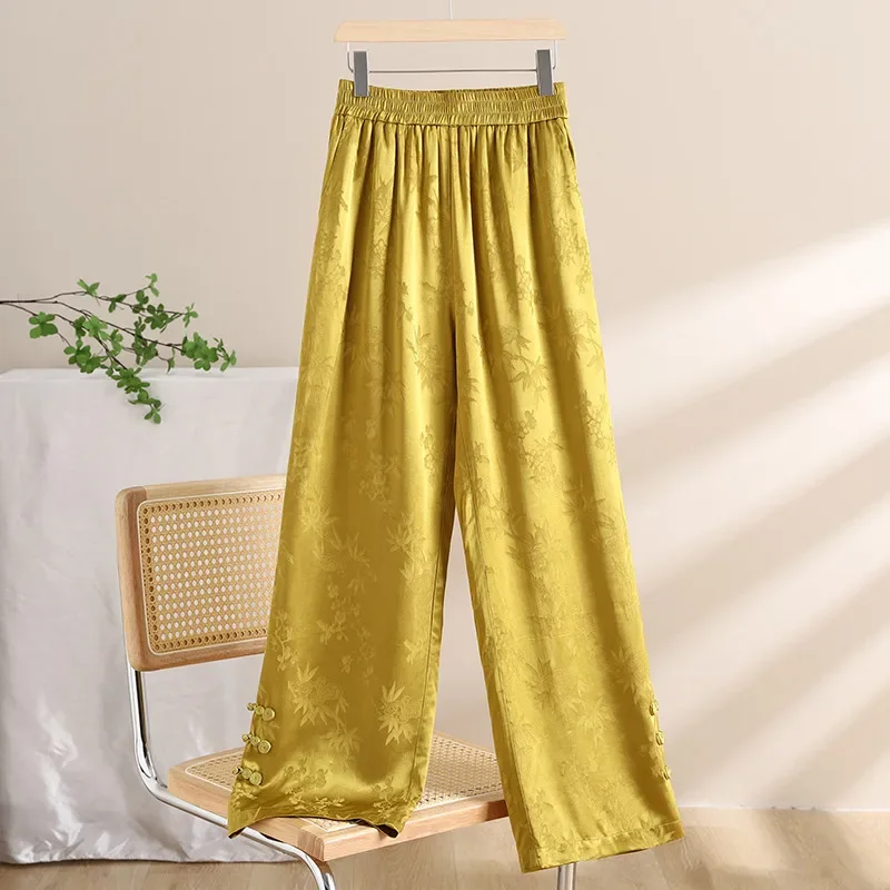 Chinese Style Jacquard Pants Women Elastic Waist Buckle Button Retro Trouser Loose Straight Legs Long Causal Pants