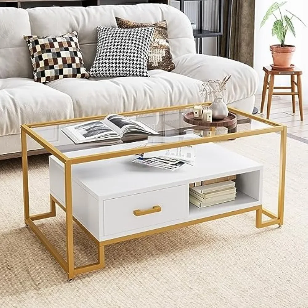 Coffee table tempered glass, gold rectangular central table, modern glass top with 2 drawers and storage shelves, coffee table