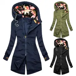 Mid-length Coat Women Floral Print Patchwork Hooded Sweatshirt Long Sleeve Streetwear Hooded Sweatshirt for Daily Wear