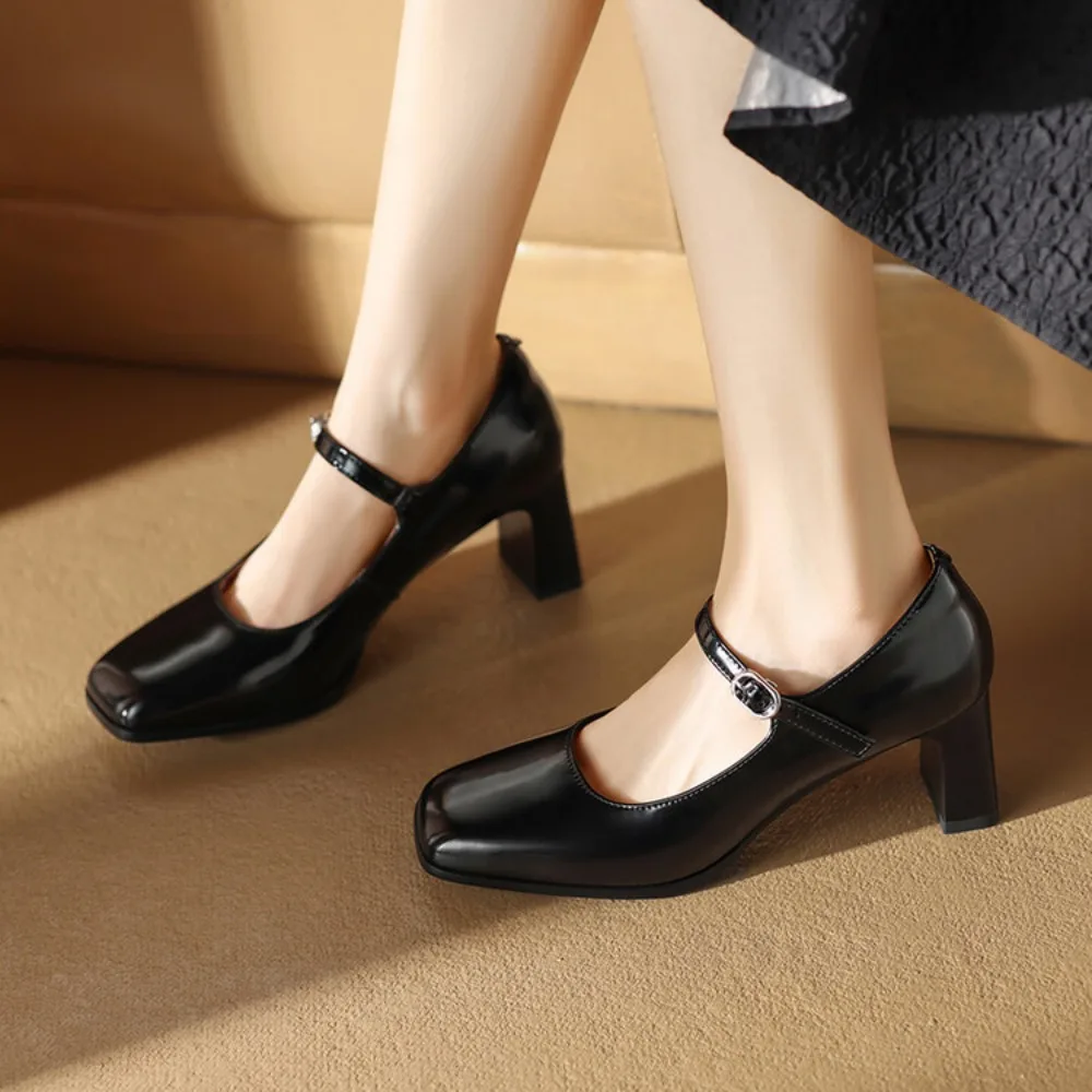 NEW Spring/Autumn Shoes Women Square Toe Chunky Heel Mary Janes Solid Color Women Pump Genuine Leather Shoes Classics High Heels