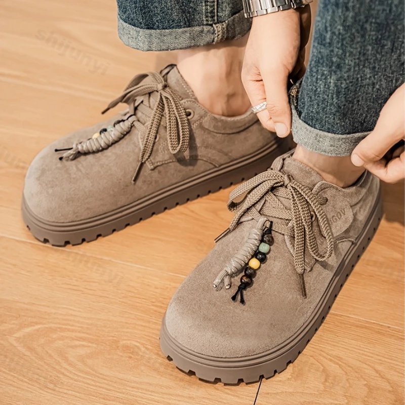 

Vintage Men Loafers 2025 Autumn New Outdoor Non Slip Fashion Platform Sneakers Comfortable Lace Up Height Increase Casual Shoes