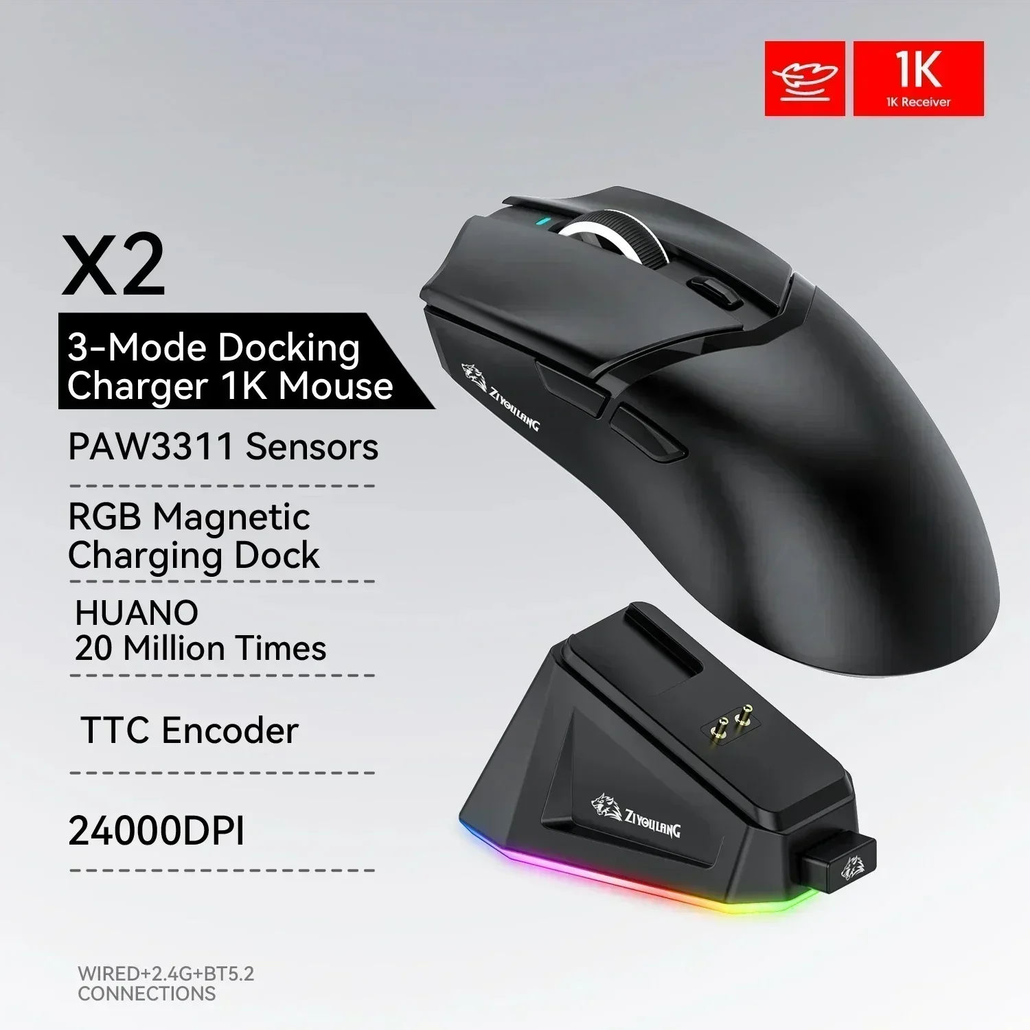 Ziyoulang X2 Wireless Gaming Mouse Three-mode PAW3311 24KP RGB Magnetic Charging Dock Macro Definition 1k Wired Method Mouse