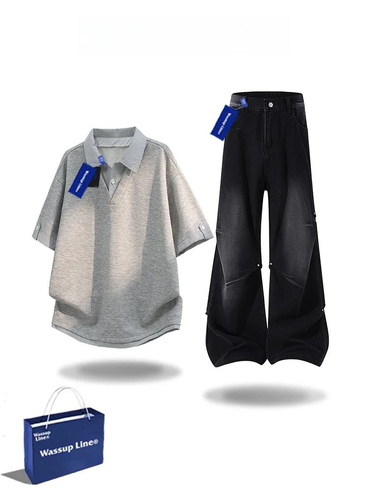 wassup-line-vintage-men's-short-sleeve-collared-two-piece-set-summer-fashionable-casual-sportswear-polyester-fiber-long-pants