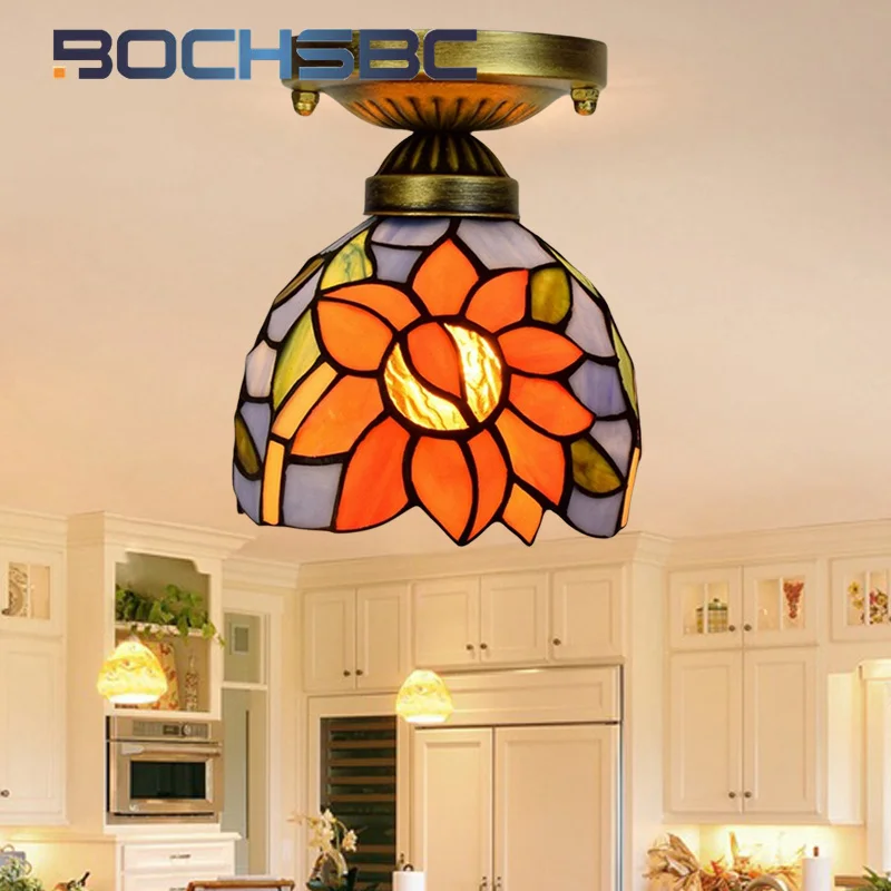 BOCHSBC Tiffany style stained glass 6 inch pastoral blue sunflower ceiling light for bedroom hallway hallway balcony LED decor