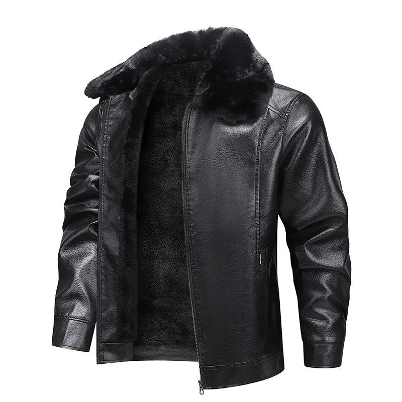 

Winter Man Leather Jacket Fashion Windproof Waterproof Male Plush Outerwear Fur Collar Long Sleeve Business Casual Men Coat