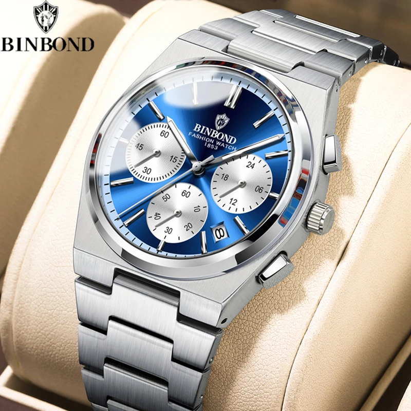 BINBOND Top Brand Luxury Watches for Man Quartz Sports Men Watch Waterproof Luminous Stainless Steel Chronograph Men Clock