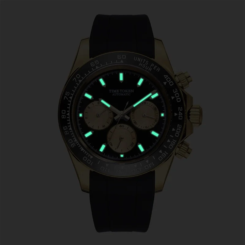 TIME TOKEN 40mm Men's Mechanical Watch V2 Sapphire Retro Chronograph Stainless Steel 100M Waterproof