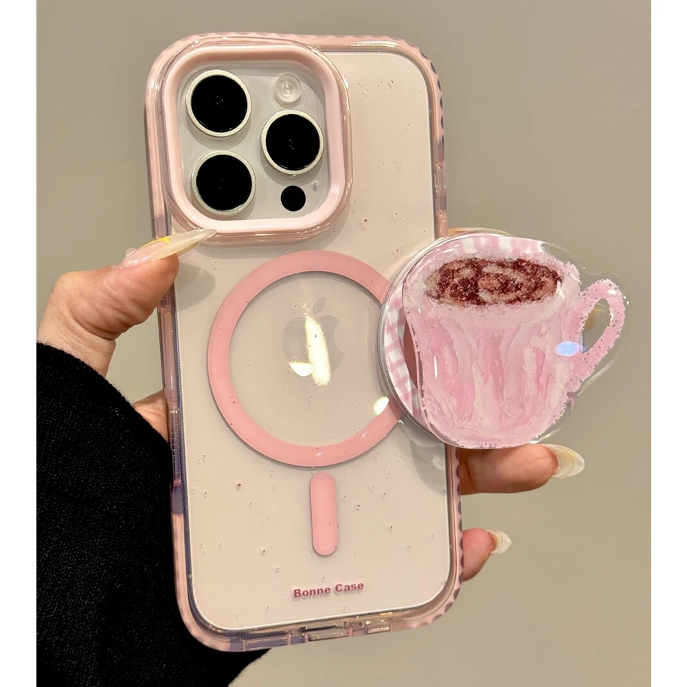 

3D Cute Coffee Cup Clear Magnetic Grip Tok Pink Phone Case for IPhone 16 15 14 13 12 11 Pro Max 16pro Magsafe Stand Holder Cover
