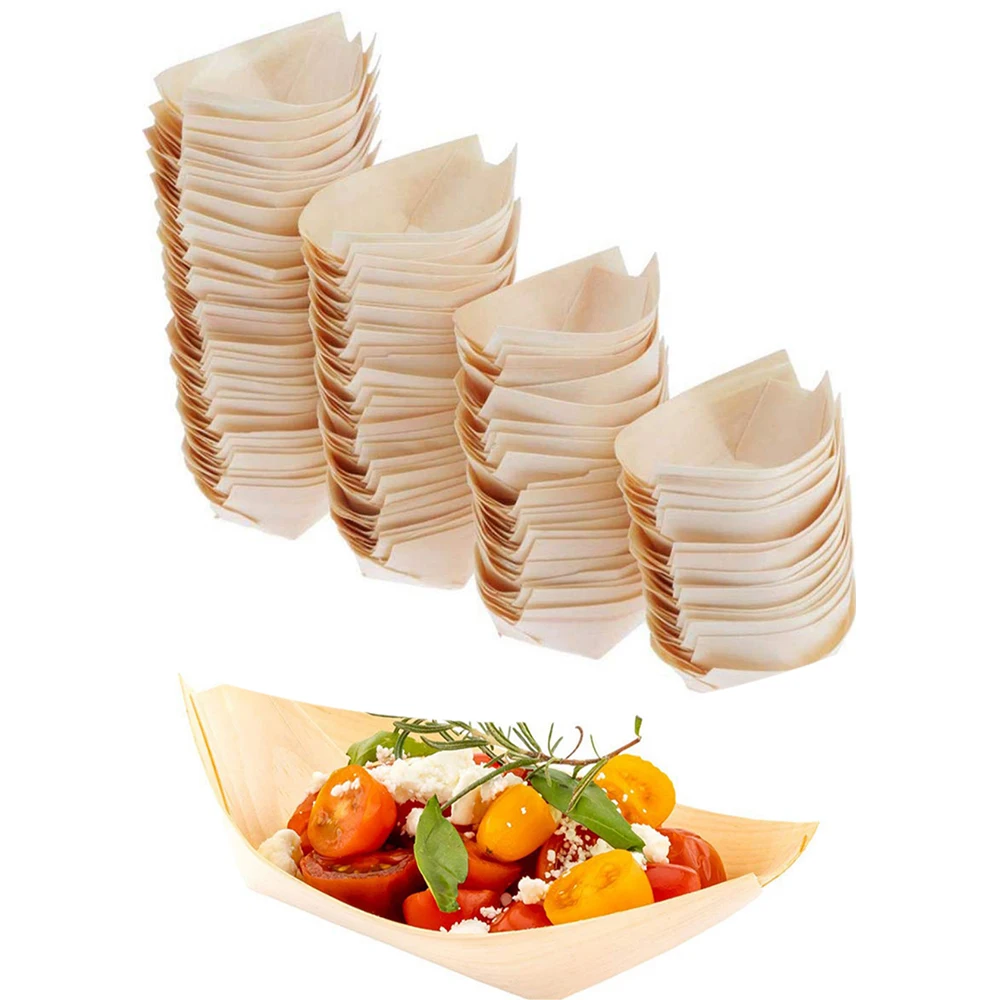 50 Pieces x Home Party Wedding Supplies 170mm Disposable Sushi Salad Dessert Bowl Natural Pine Wood Serving Boat