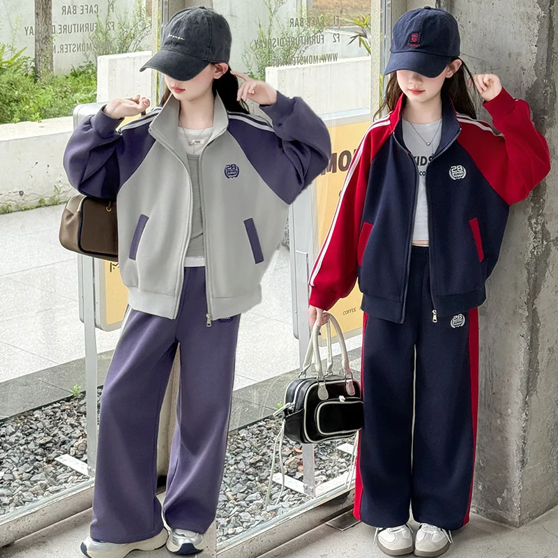 

2025 Autumn School Girls 2pcs Sets Contrast Color Turn Down Collar Coat+Sport Pant Kids Girls Sets Printed Children Girls Sets