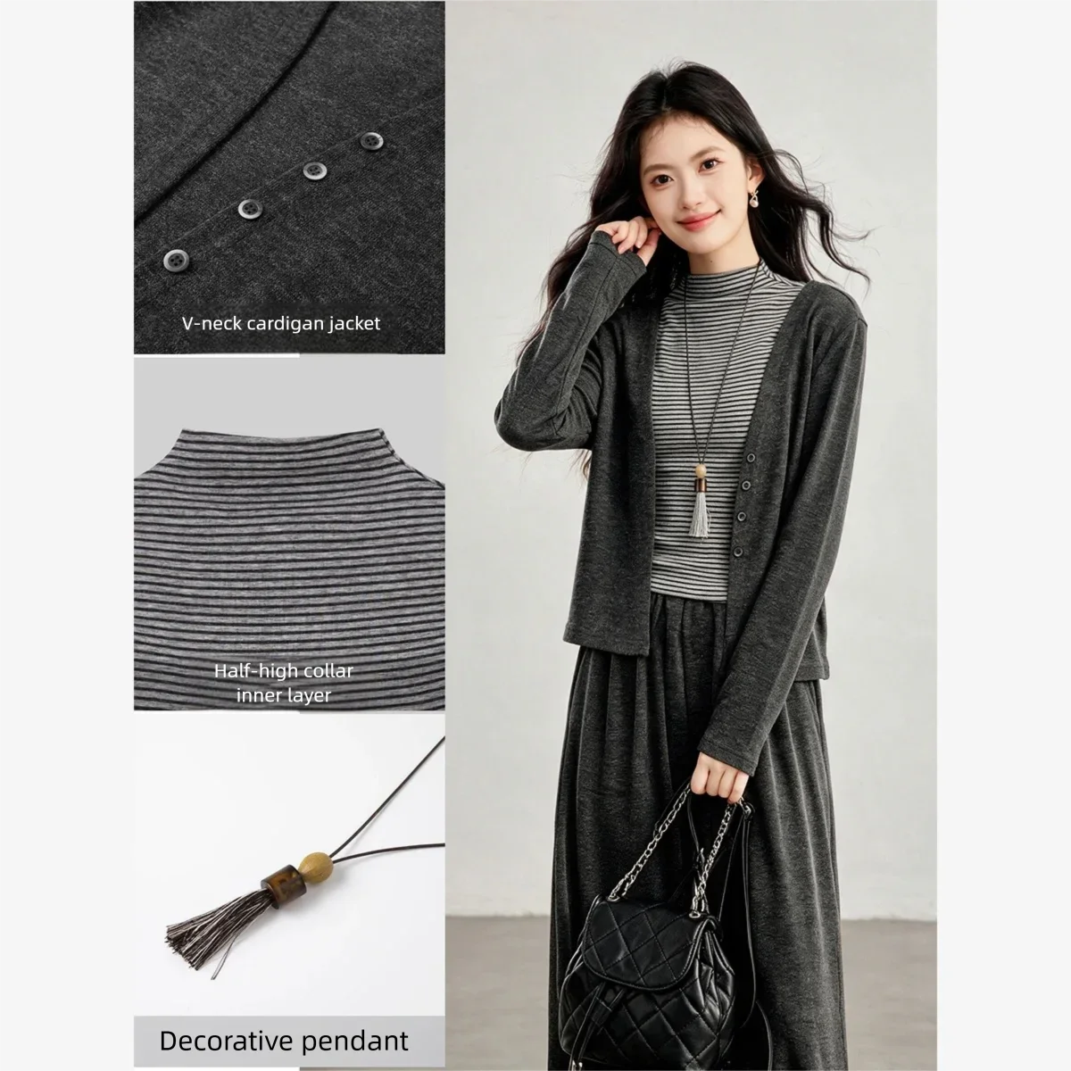VIMLY Grey Three-piece Set for Women 2026 Autumn Striped Vest Long Sleeve Cardigan Wide-leg Baggy Pants Matching Outfit 32009