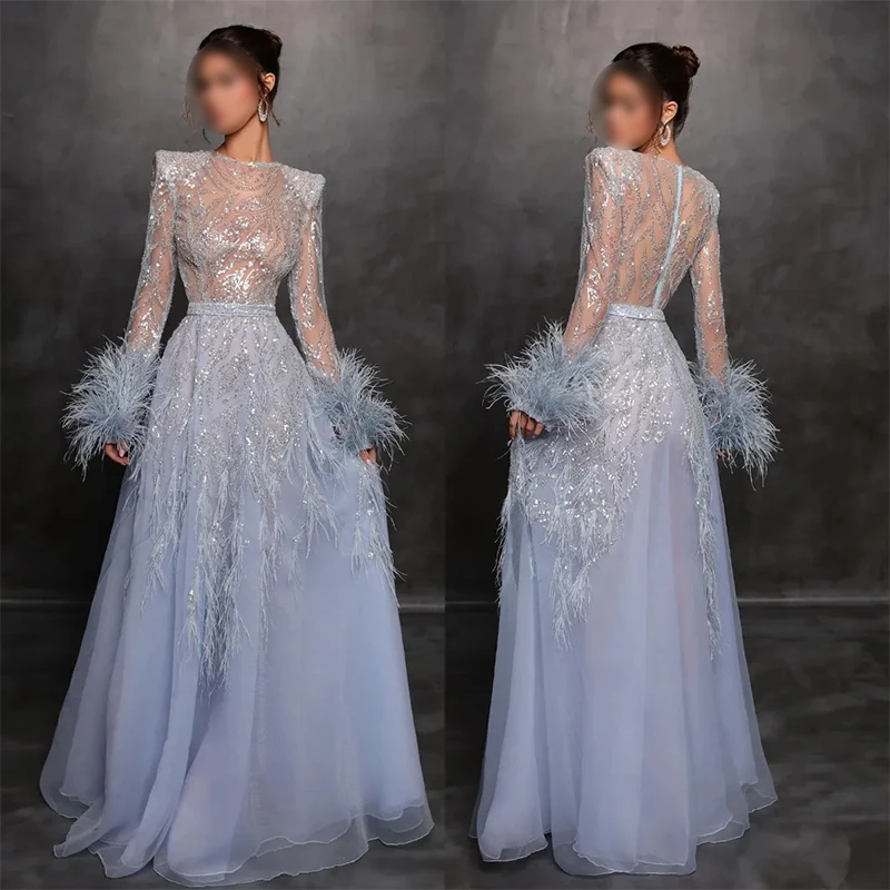 Robe de Soirée Élégante Bleue, Tenue de Bal, Manches sulf, Paillettes, Plumes, Manchette, Formelle, pour Occasions Formelles