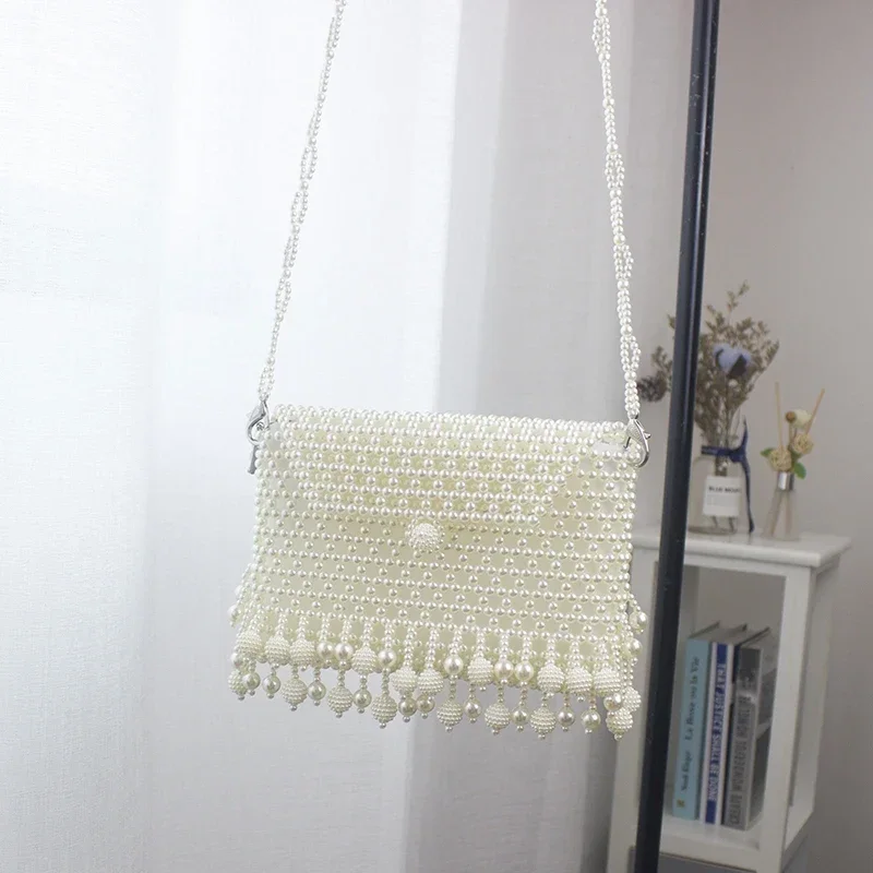 Handmade Pearl Bag Woven Shoulder Bag Key Change Mobile Phone Bag Cross Section Messenger Bag Party Wedding Trumpet Tassel Bag