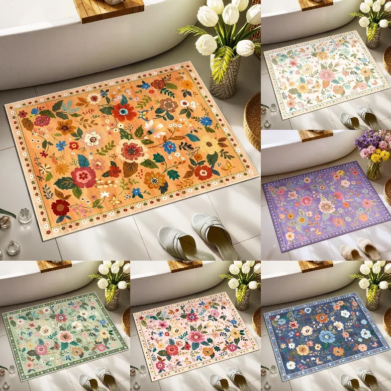 

Floral Pattern Printed Carpet Mat Retro Printed Foot Mat Suitable for Kitchen Balcony Bedroom Entrance Foot Mat Home Decoration