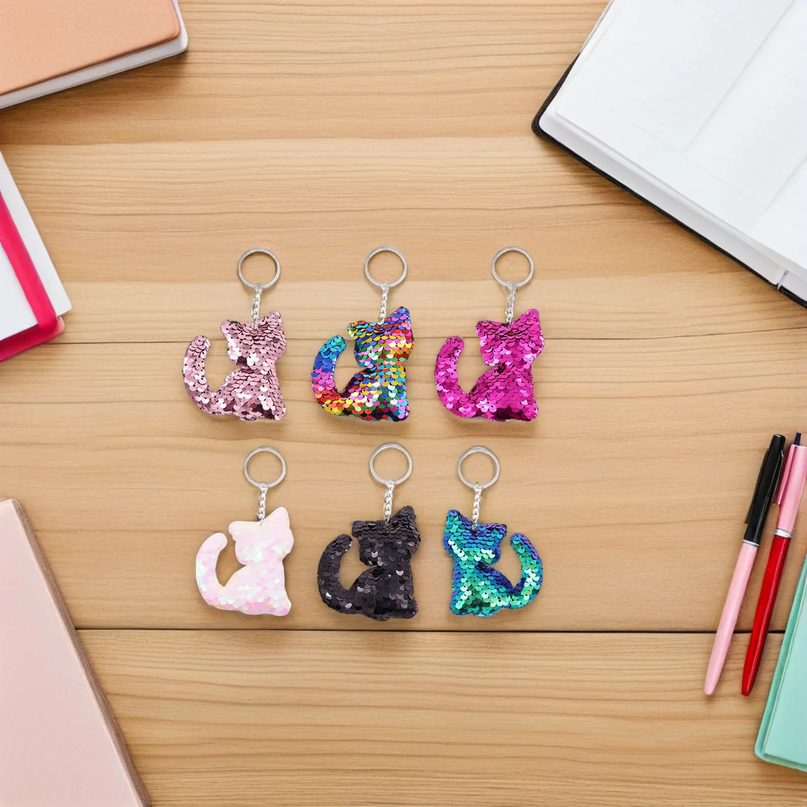 Cat Keychain 6 Piece Colorful Sequin Key Fob Bag Charm for School Backpack Party Favor Gift