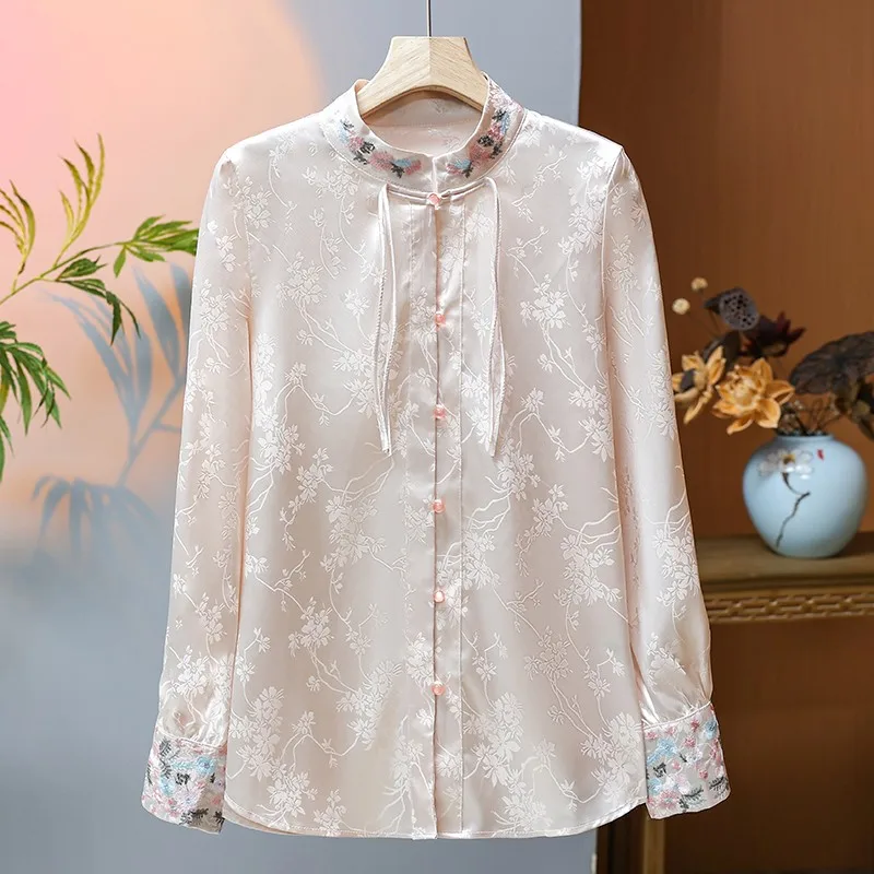 Haut Jacquard Brodé pour Femme, Style Chinois, Hanfu Amélioré, Exquis, Rétro, Col Montant, Blouse à Manches sulf, Trempé