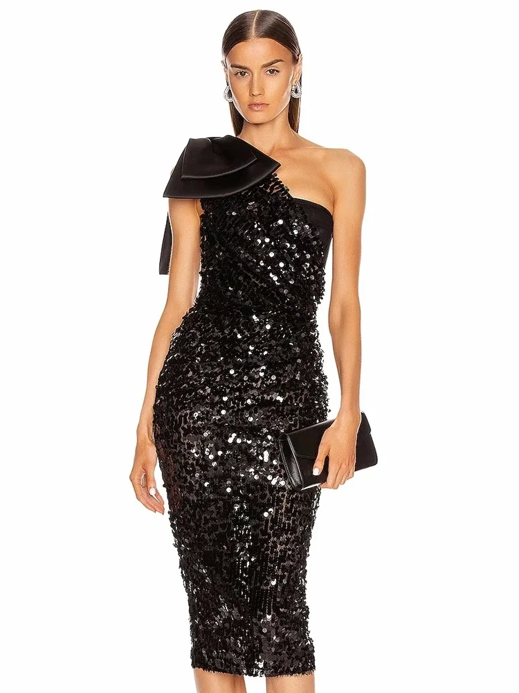 

Sexy One Shoulder Bow Sequins Midi Dress Women Black Slanted Neck Mesh Sequined Slim Dress Elegant Party Evening Club Dresses
