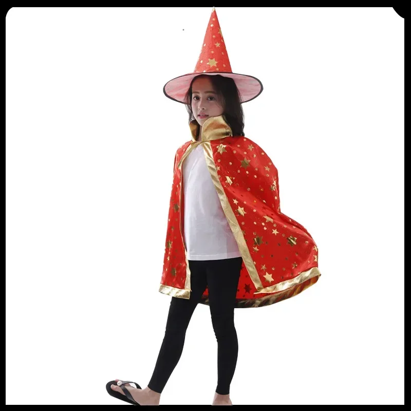 Детский плащ на Хэллоуин, шляпа ведьмы, косплей, звезды, красочный плащ и шляпа ведьмы, комплект для выпускного вечера, наряд 80 см