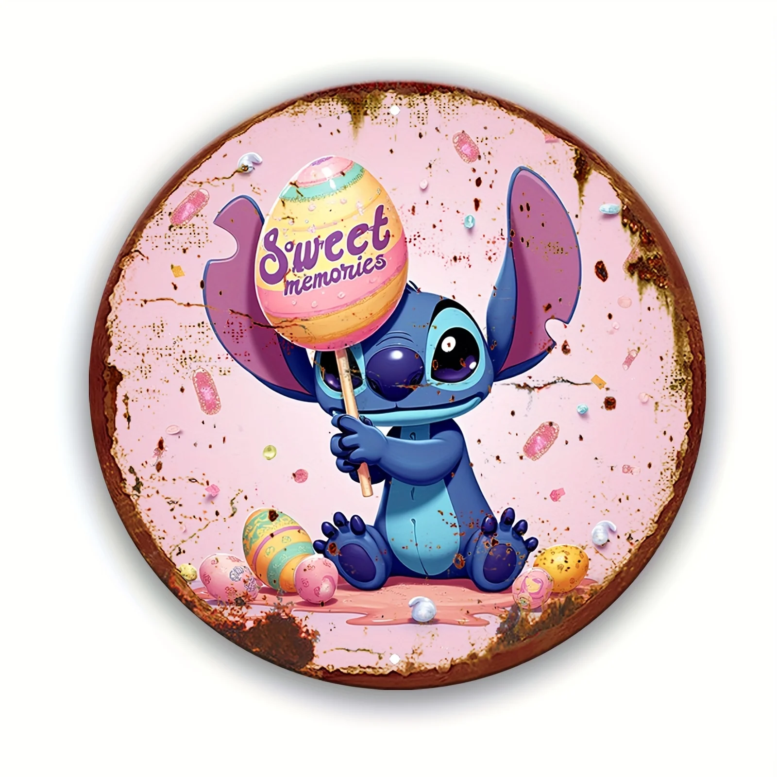 قطعة واحدة من ديكور الحائط - لافتة معدنية دائرية من الألومنيوم مع تصميم ذكريات حلوة، فن نابض بالحياة ثنائي الأبعاد للمنزل والمكتب والمقهى وعيد الفصح