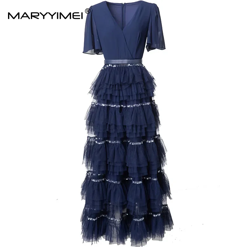 MARYYIMEI ファッションデザイン レディース イブニングドレス Vネック フレアスリーブ ソリッドスパンコール Aライン ボールガウン ドレス ベルト付き