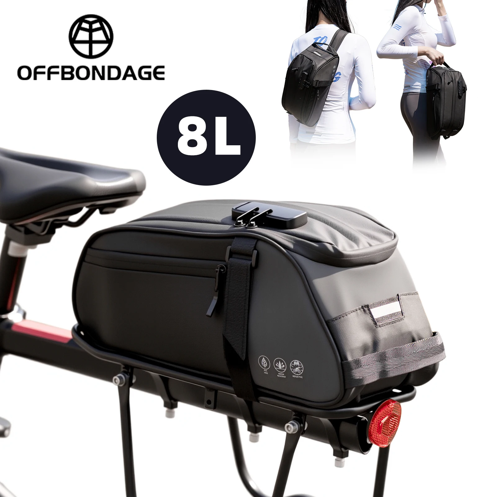 OFFBONDAGE 8L Bicycle Rear Rack Bag with Lock Large Capacity MTB Road Bike Trunk Bag Waterproof Cycling Pannier Rear Seat Rack