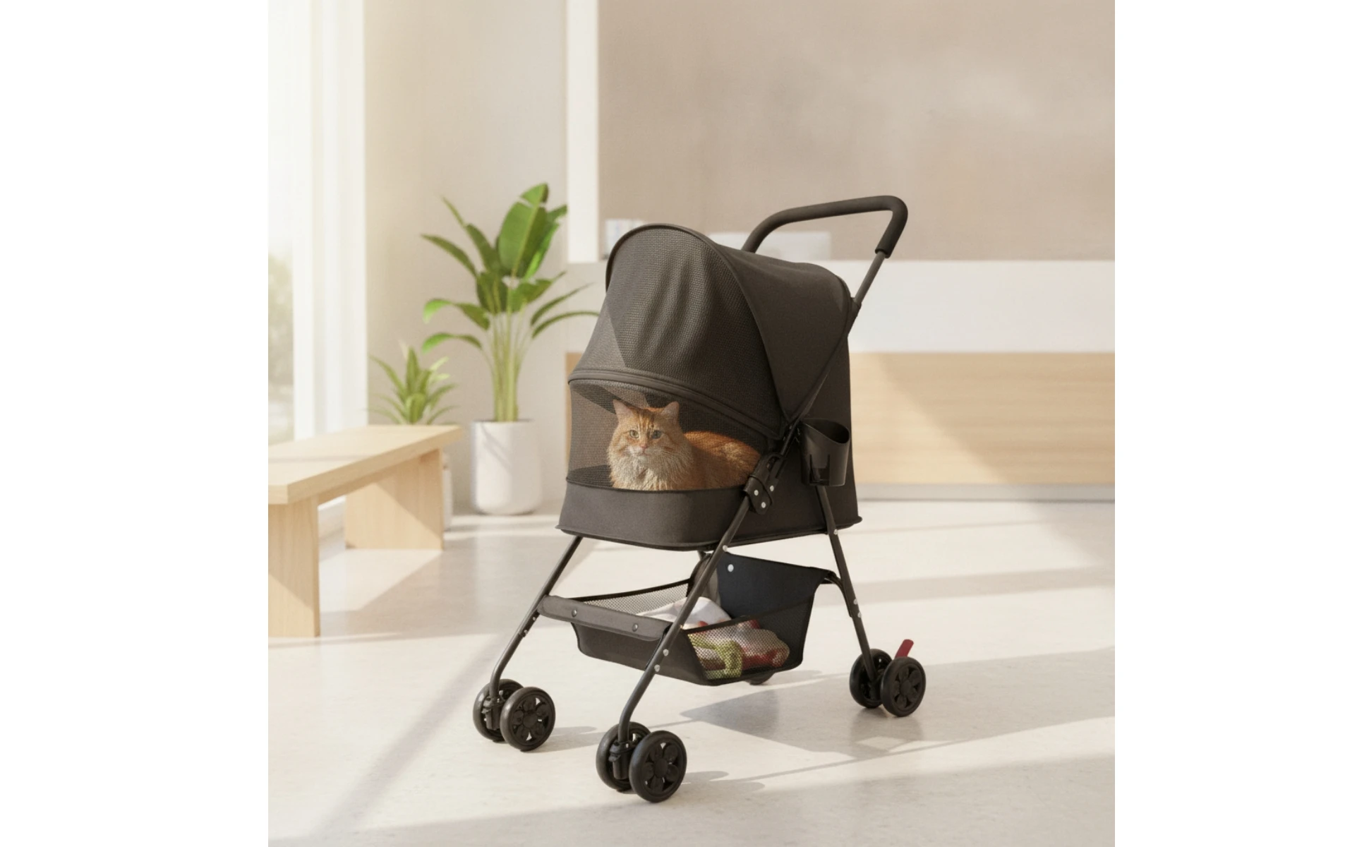 Pet Stroller with Cup Holder Collapsible Pet Stroller with Storage Basket Compact Portable for Small Dogs, Outdoor Walks, Travel