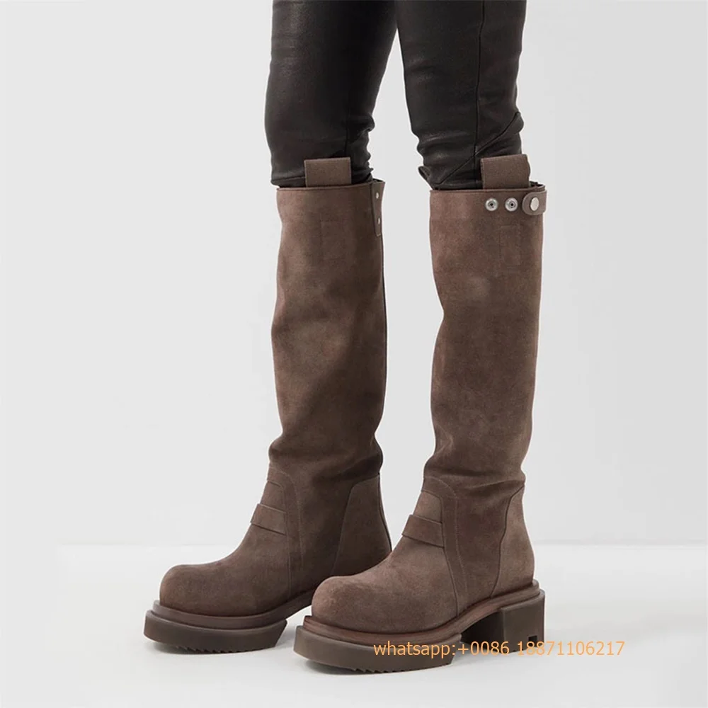 

Thick Sole Brown Suede Western Boots 2024 Autumn New Round Metal Buckle Thick Heel Knight Boots Ladies Street Casual Long Boots