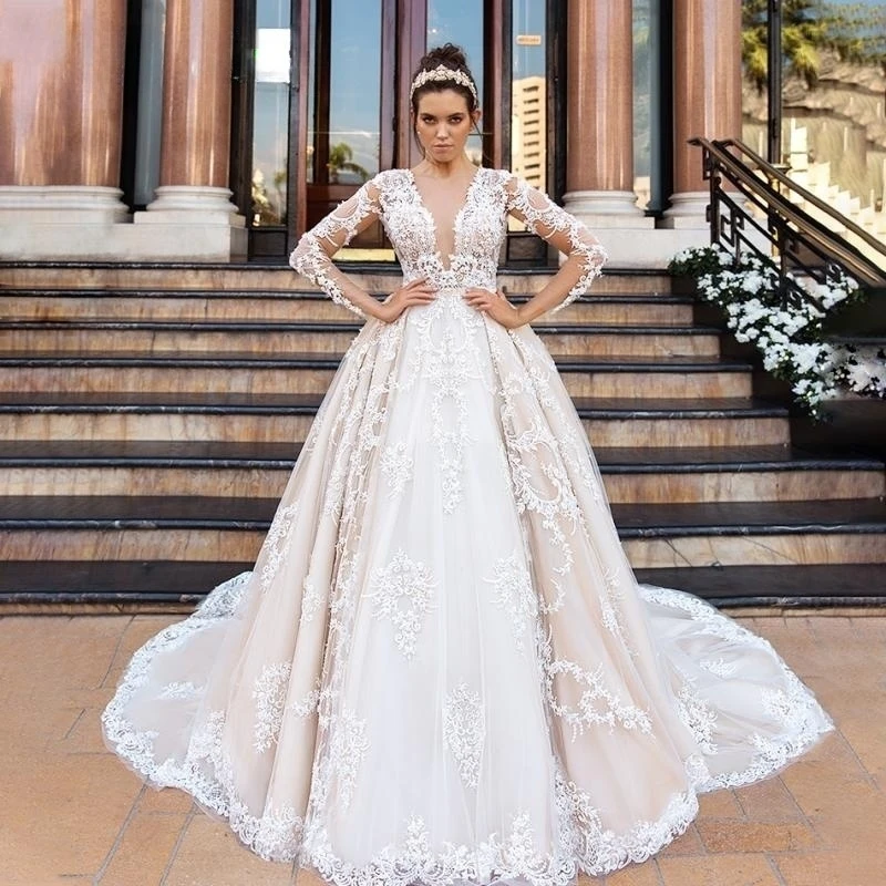 Vestidos luxuosos de noiva princesa para mulheres, decote em v, manga comprida, rendas, vestidos de casamento, 2023