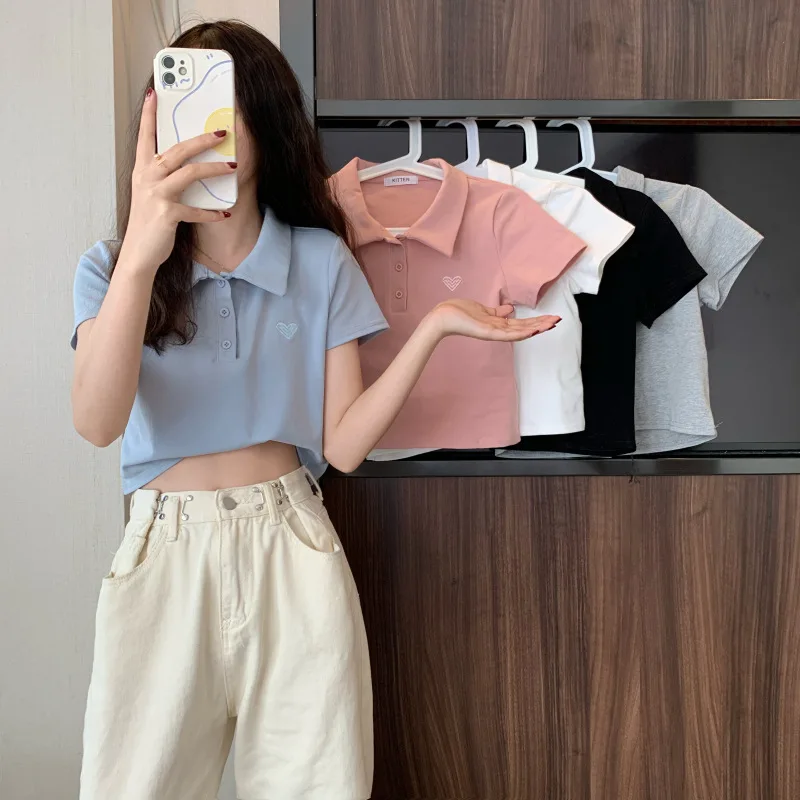 

Design Sensation Short Sleeve Embroidered Cotton T-Shirt Women's Short Style Summer Neck Pullover Cleanfit Body Shape