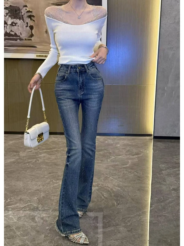 

Ele Ins Sle Cotton Heavy Diamond Women's Jeans Bell Bot Floor Length Four Seasons Design Slim Fit Winter Warm Ladies...