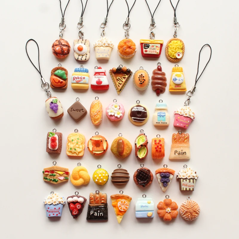 5pcs Cute Strawberry Chocolate Cake Popcorn Lanyard Mini Sandwich Hamburger Donut Bread Pendant Phone Case Strap Keyring Hanging