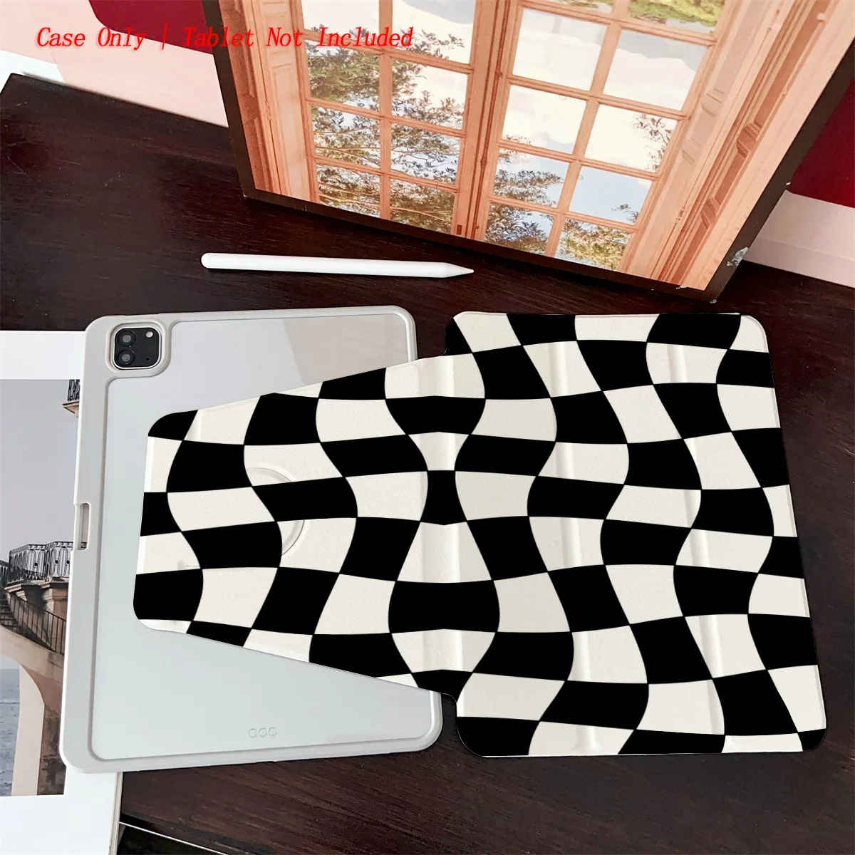 حافظة iPad بنمط شبكي باللونين الأبيض والأسود - غطاء متين مقاوم للصدمات لهاتف Apple Pro/Air/Mini