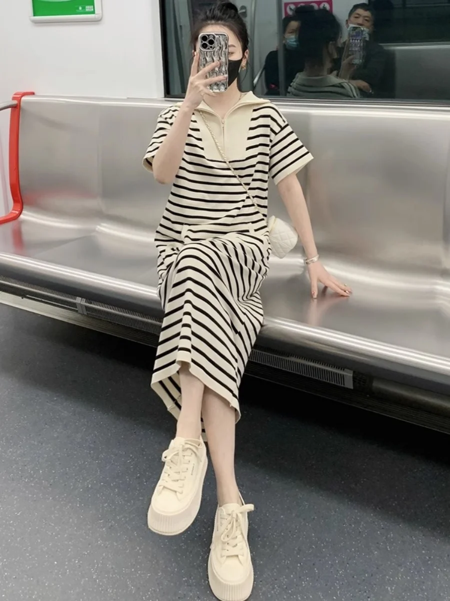 Décontracté Ne rayure ort Sve Dr femmes été Hong Kong Sle ample paresseux Tube droit T-shirt jupe longue Dr