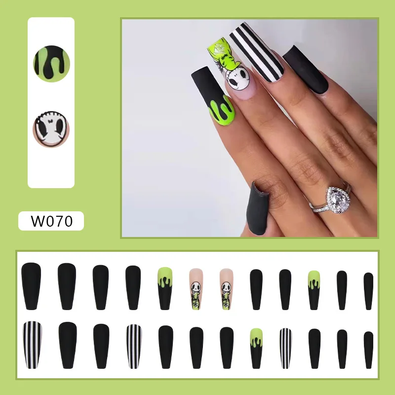 24PCS/SET Skull Horror Movie Nails Black Cute Reaper Cartoon Fake Nails Long Nightmare Before Nail Accessories Press on Nails