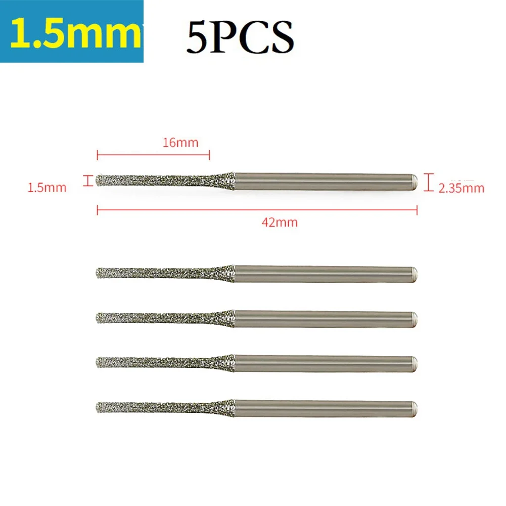 5pcs 0.8/1/1.2/1.5/1.8/2/2.5mm Diamond Coated Drill Bits With 2.35mm Shank Glass Jade Amber Jewelry Glass Diamond Drill Bit