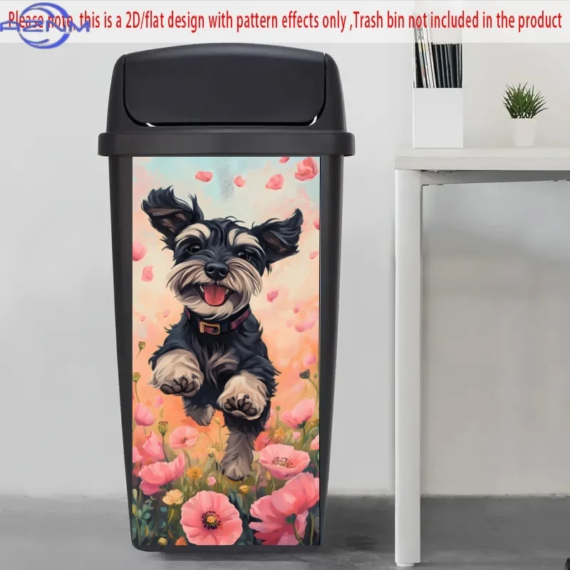 1pc 2D/Flat Trash Can Sticker, .01*cm, Running Puppy in Flower Field Pattern, Energetic Dog, Happy Vibe, Creative Trash Bin St