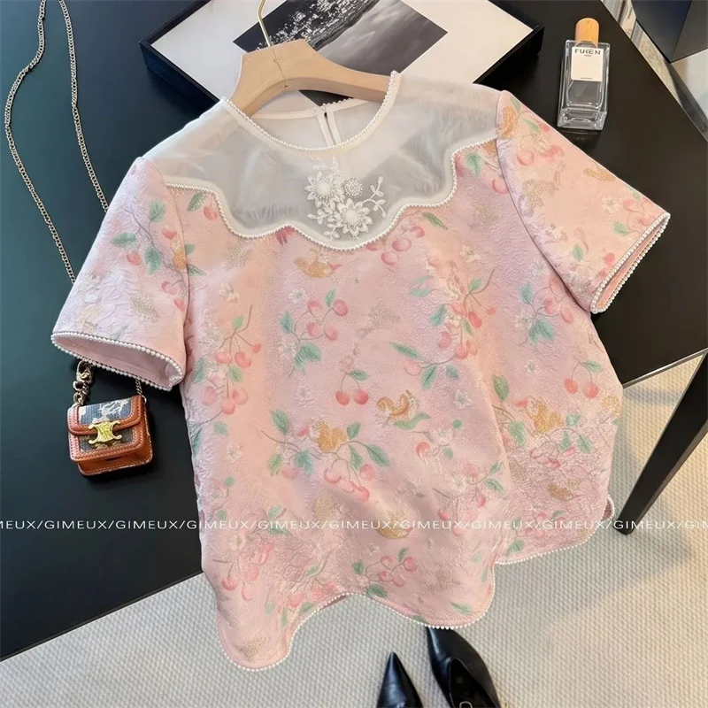 New Women Fashion Chinese Style Lace Stitching Printed top Women's Spring and Summer Design Sense Temperament Casual Loose Shirt