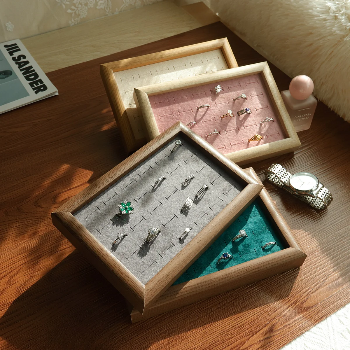 Bandejas de joyería de terciopelo, bandeja de exhibición de anillos con 30 ranuras, gran capacidad, anillo de dedo, pendientes, gemelos, estante de almacenamiento, organizador