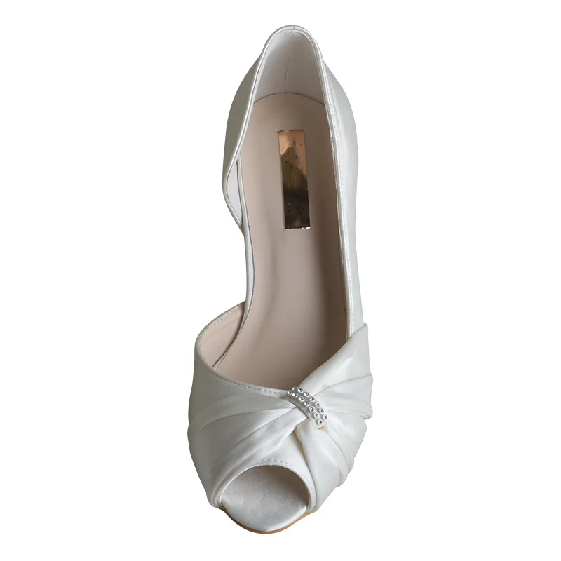 Wedopus Customized Heel Pleated Wedding Woman Shoes Mid Heels 6.5CM Ivory Satin Pumps Peep Toe