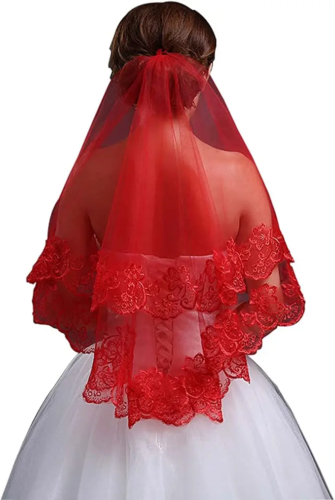 Classic Red Bridal Headcloth Wedding Veil, Simple Long Lace Veil Translucent Headpiece for Women