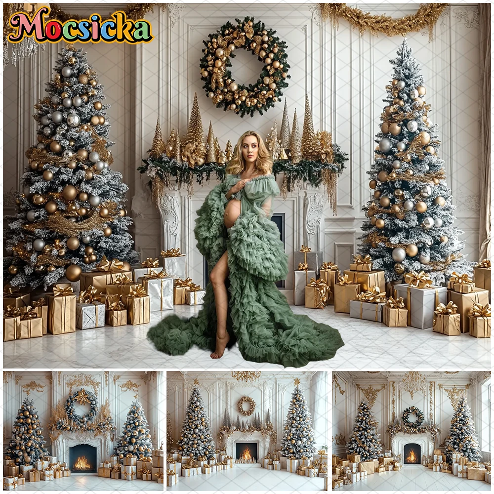 

Mocsicka Christmas Backdrop New Year Xmas Tree Fireplace Decorations Family Holiday Party Adult Child Photo Background Wallpaper