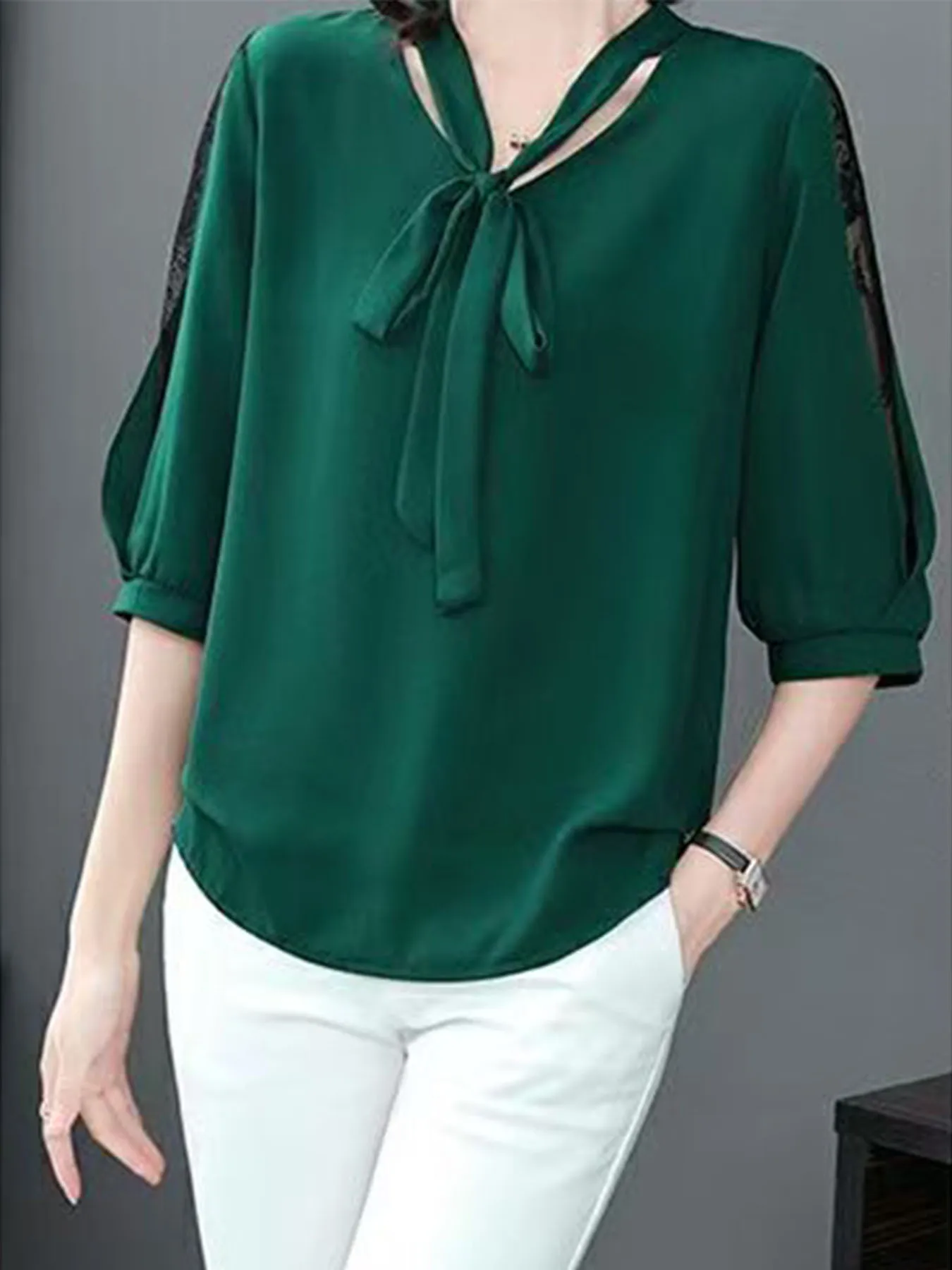 

Women Spring Summer Style Blouses Tops Lady Casual Bow Tie Colloar Half Lace Sleeve Loose Blusas Tops DF4275