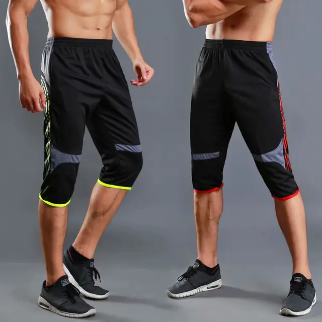 Letnie męskie sportowe przycięte spodnie w paski nowe Fitness bieganie pociąg jeździecki szybkoschnące oddychające luźne cienkie spodenki w dużych rozmiarach