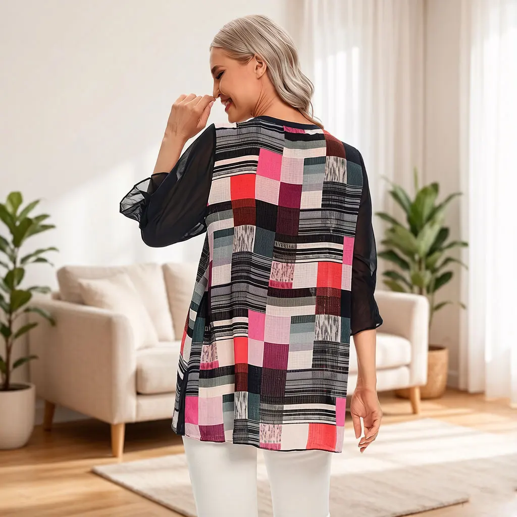 Women Color Block Geometric Print Blouse Chiffon Top with Mesh Sleeve Round Neck Casual Loose Fit Summer Tunic view 2